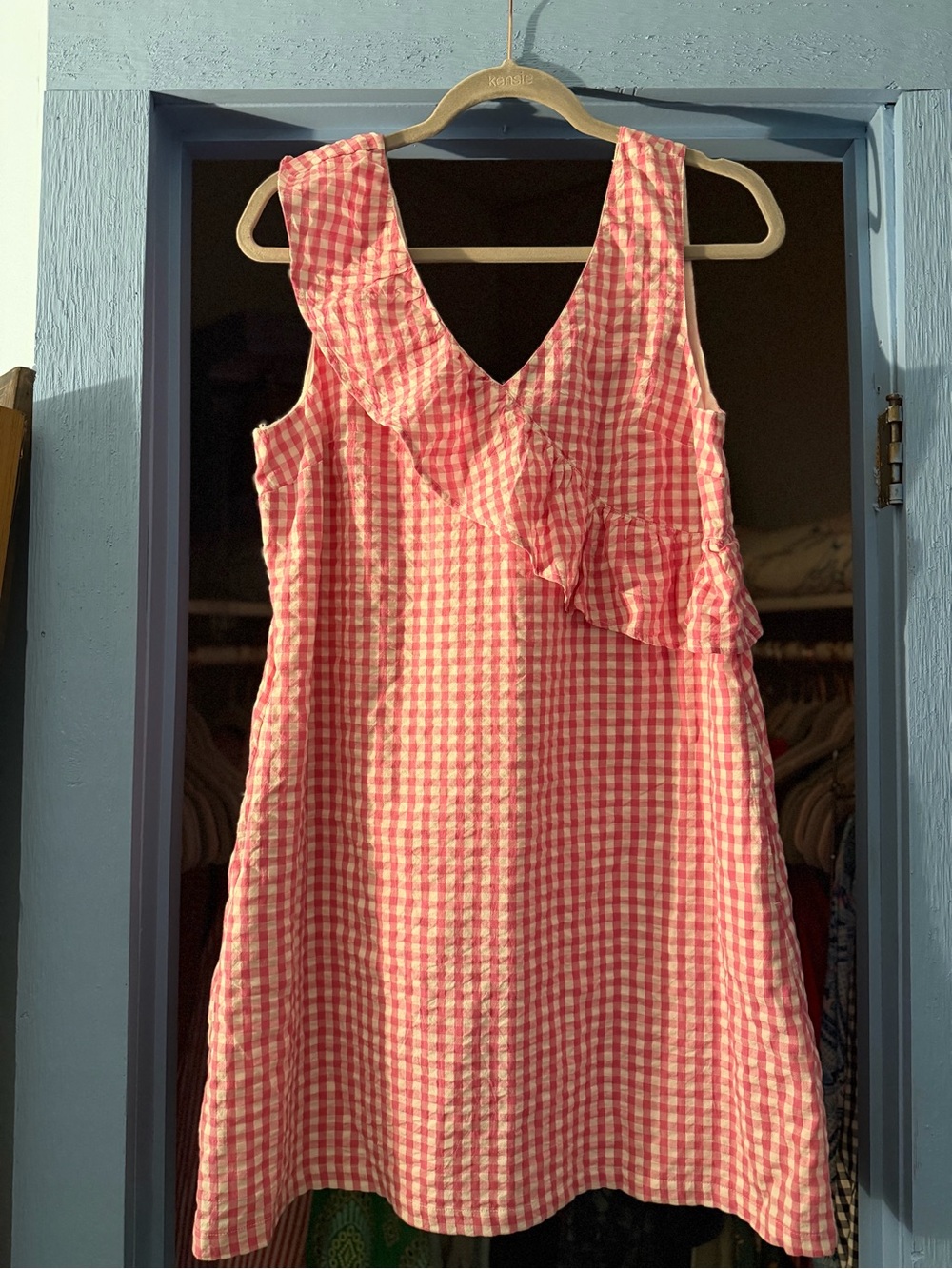 crown & ivy Pink and White Gingham Ruffle Neck Sleeveless Dress